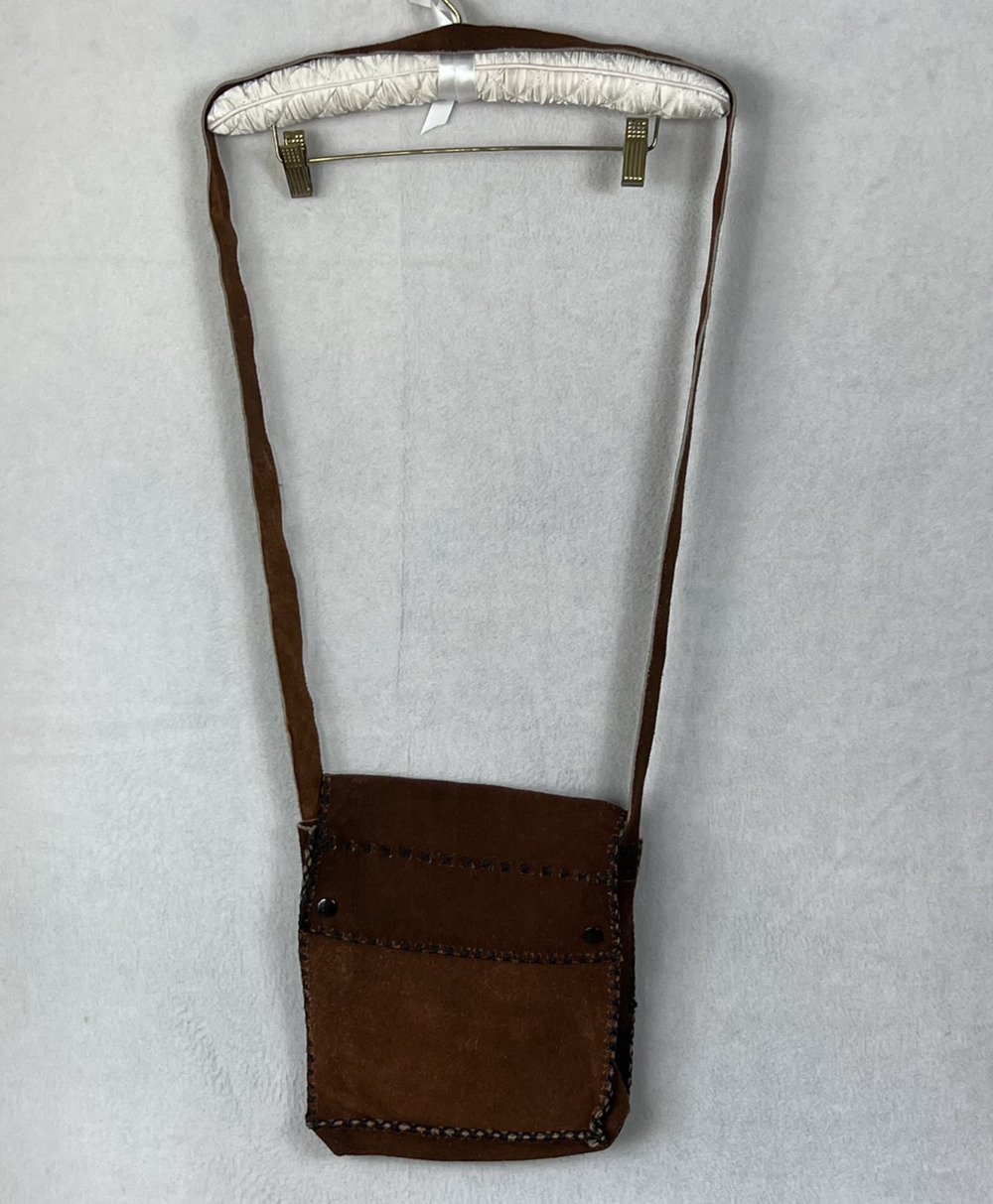 Handmade Unisex Crossbody Bag Brown Leather Suede Snap Button Cross Stitch